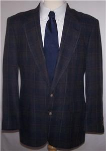 42R Chas Reed Navy Green Brown Plaid 2 Button Sport Coat Jacket Suit 