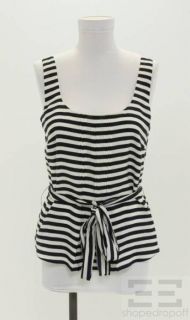 Akris Blue & White Stripe Silk Pleated Sleeveless Belted Top Size US 8 