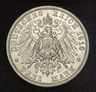 1911 Prussia Wilhelm II Nice Silver 3 Mark Coin XF