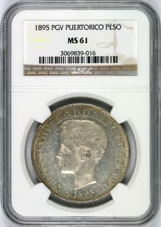 1895 PGV Puerto Rico Silver Peso NGC MS61 Alfonso XIII