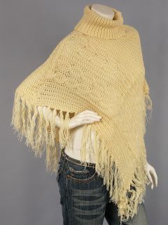 hippie almond asym fringes cable knit turtle neck poncho