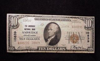 10839 Series 1929 $10 Brown Seal Ambridge National Bank, PA Note FINE 