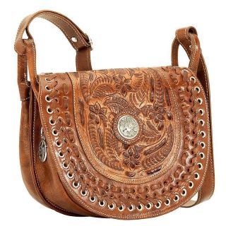 American West Leather Rodeo Womens Compartment Saddle Bag Hand Carved 