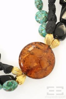   Black Gemstone Turquoise Large Amber Colored Pendant Necklace