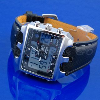 OHSEN Mens Alarm Clock Light Leather XL Sport Digital Analog 