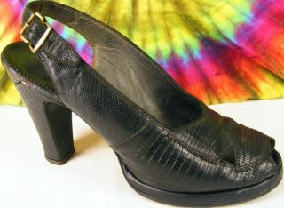 Vintage 40s Black Lizard Andrew Geller Platform Slingback Peep Toe 