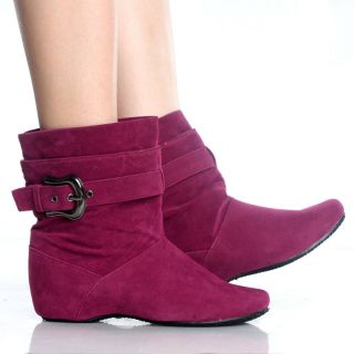 Hidden Wedge Boots Winter Ankle Fuchsia Buckle Faux Suede Womens Heels 