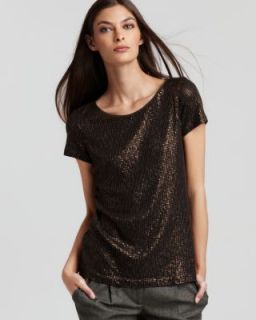 Anne Klein New Brown Mesh Sequined Short Sleeves Blouse Top Shirt L 