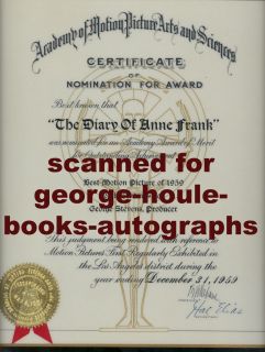 Diary of Anne Frank AA Certificate of Nomination 1959
