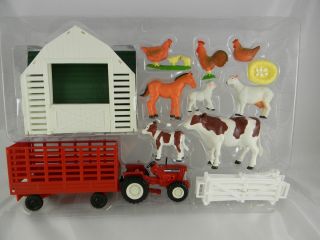 Farm Animal Playset Cow Calf Sheep Rooster Chicken Barn Tractor Wagon 