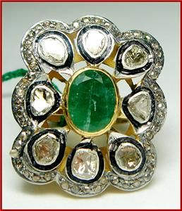   Rose Antique Cut Diamond Emerald Wedding Anniversary Party Ring