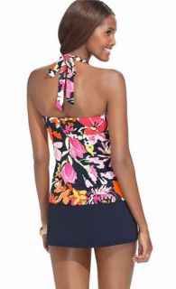 Anne Cole Navy Floral Skirted Halter Tankini Swimsuit L Large New 