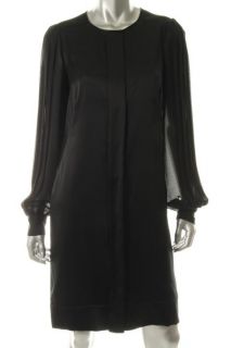 Anne Klein Silk Button Front Pleated Chiffon Long Sleeves Little Black 