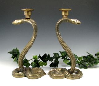 Vintage Cobra Snake Brass Candle Holders Egyptian Revival Figural 