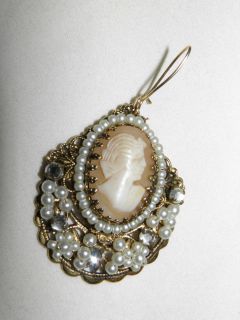 Vintage Antique Shell Stone Cameo Seed Pearl Pierced Earrings Gold 