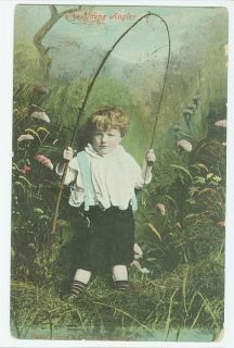 B0406 ANTIQUE POSTCARD THE YOUNG ANGLER CHILD @ WATERS EDGE