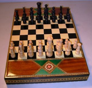 Rare Vintage Antique Chess Set Inlaid Board Turned Ebony Boxwood 3 1 2 