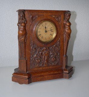 Antique Carved Wood Mantel Clock with Drum Case Made by Ansonia Clock 