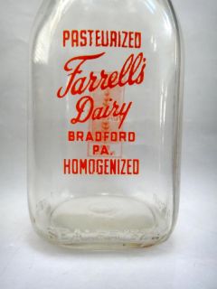 vintage Farrells Dairy Milk Glass Milk Bottle 1 3 Quart Bradford 