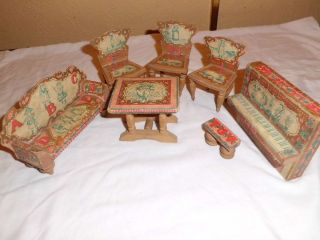 ANTIQUE WOOD BLISS ABC DOLL HOUSE FURNITURE PIANO BENCH SETTE CHAIRS 