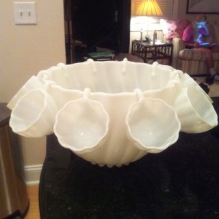 Antique Milk Glass Punch Bowl with 10 Cups