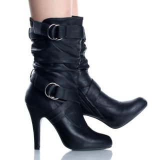 Womens Black Ankle Boots Slouch Dress Fall Buckle Stiletto High Heels 