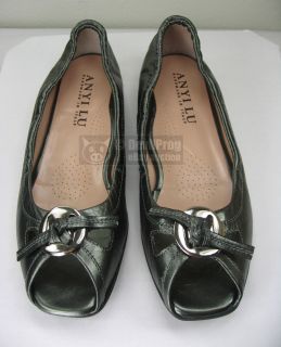 Anyi Lu Harmony Peep Toe Ballet Flat Shoe Metallic Green Size EU 36 US 