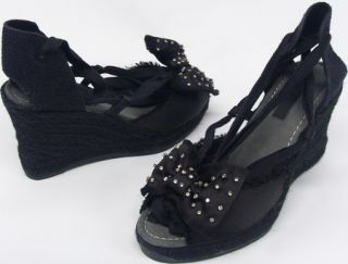 Apepazza Cayman Satin Espadrille Sandals w Studded Bow Black Sz 9 