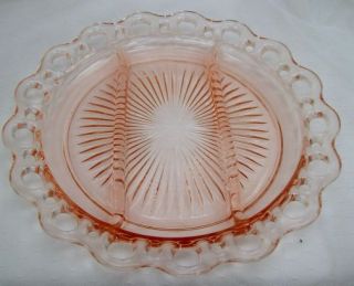 Pink Glass Sectioned Serving Dish Plate Scalloped Edge