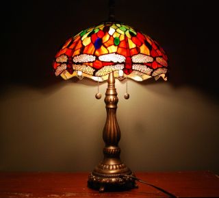 Vintage Stained Glass Lamp Red Green Floral Dragonfly 23 Tall 2 Bulbs 