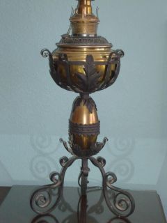 Antique Bradley Hubbard Oil Table Lamp Brass Arts Crafts Iron Gothic 