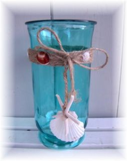 Aqua Glass Pillar Votive Candle Holder Vase Seashell Starfish Sand 