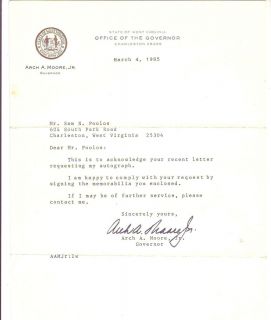    typed letter signed by WVa Governor Arch A Moore Jr convicted felon