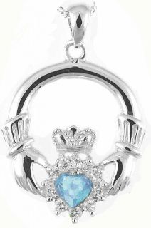 Sterling Silver Aquamarine Diamond Celtic Claddagh Ring Irish Made Sz 