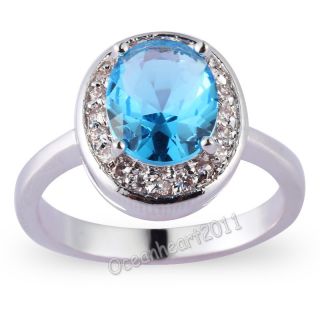New Womens Blue Aquamarine 10KT White Gold Filled Ring Size 8 