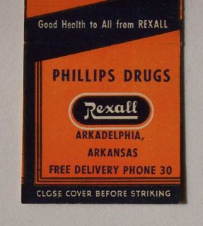 1930s Phillips Drugs Rexall Matchbook Arkadelphia AR