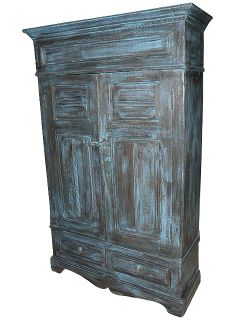   Armoire Cabinet Blue Patina Hand Carved Indian Furniture Armoires