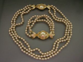 HSN ARNOLD SCAASI WATER LILIES TRIPLE STRAND PEARL NECKLACE & BRACELET 