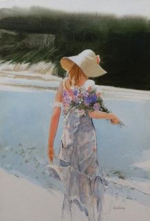 Original Armstrong Watercolor Art Painting Woman on Beach with Flowers 