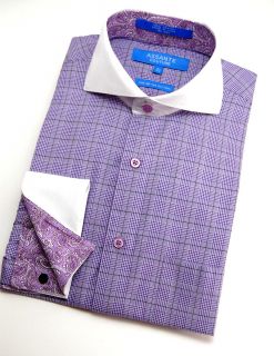 Assante Purple Plaid Checkered Euro Cutaway Collar Shirt French Cuff 