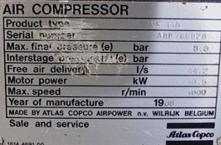 Atlas Copco GA 118 Rotary Air Compressor 25HP 95CFM