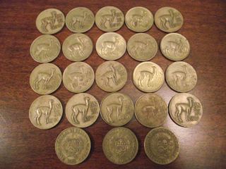 Lot of 23 Peru Un Sol de Oro Brass Llama Coins 1966 1971