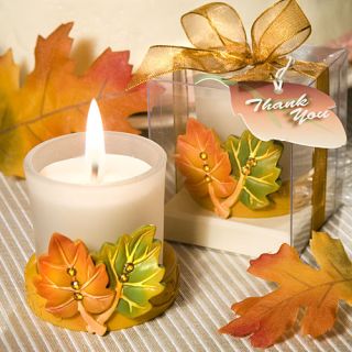 25 AUTUMN/FALL Theme Candle WEDDING FAVORS Decorated w/ Leaves Votives 