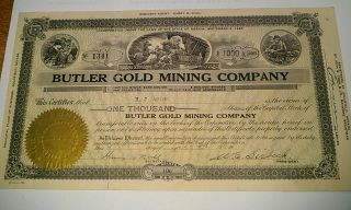 1929 Goldfield Nevada Butler Gold Mining Co Stock Certificate Ruhl 