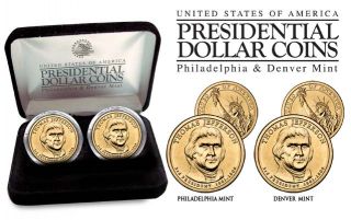 THOMAS JEFFERSON Presidential $1 Dollar 2 Coin US Mint Set w/BOX *BOTH 