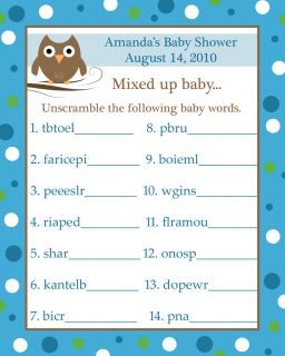 24 Baby Shower Word Scramble Game Cards Blue Baby Owl