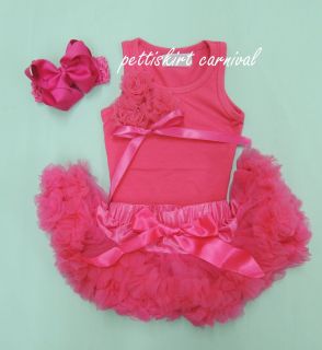 Newborn Baby Hot Pink Pettiskirt Bunch Rosettes Top Bow Headband 3pc 