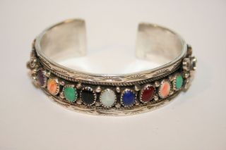 Fred Baca FB Sterling Navajo Multi Stone Southwest Style Cuff Bracelet 