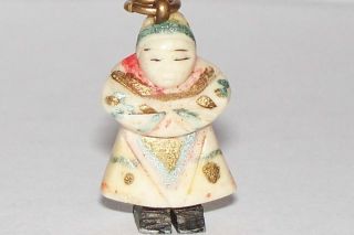 Antique Ox bone Oriental Enamel Doll Old World Bracelet Charm Finely 