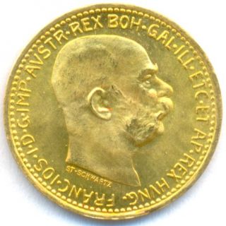 1912 GOLD 10 CORONA AUSTRIA, UNCIRCULATED, LUSTROUS, 3.4 GRAMS